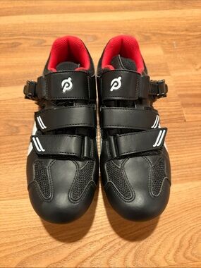 Peloton Black and White Cycling Shoes with Red Cleats